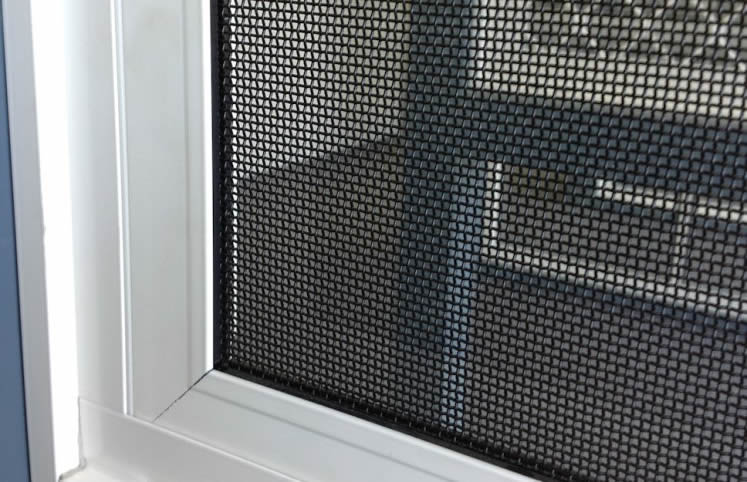 Close-up of a window with a black mesh screen in a white frame, showing a view of a blurry interior space.