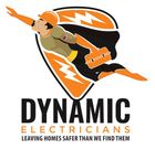 Dynamic Electricians logo: Superhero electrician flying, holding a toolbox, with lightning bolt emblem.