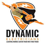 Dynamic Electricians logo: Superhero electrician flying, holding a toolbox, with lightning bolt emblem.