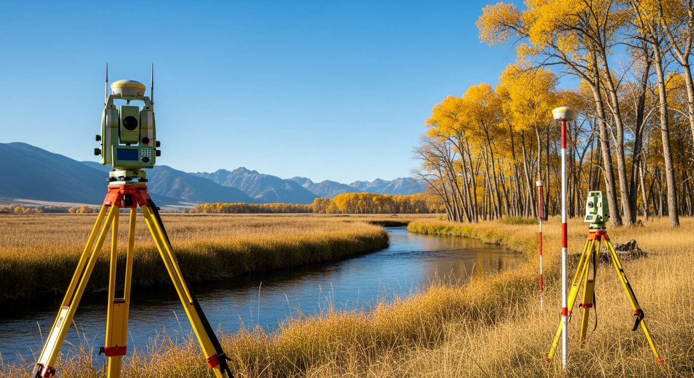 Surveying equipment set up by a river, autumn landscape.