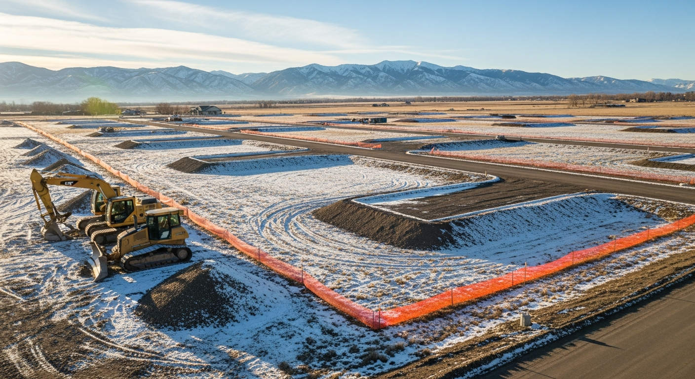 Construction site with excavators, orange safety fencing, and mountain backdrop.