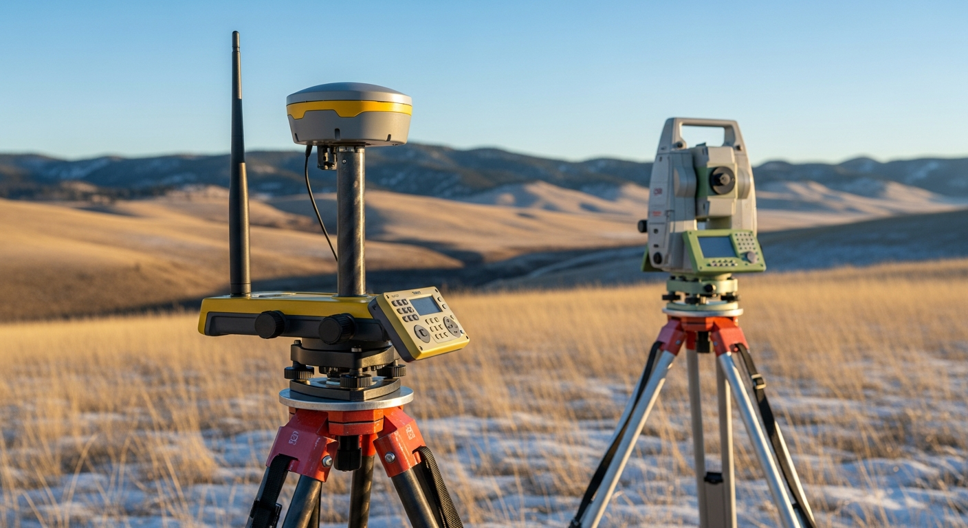 Two surveying instruments on tripods in a field: GPS receiver with antenna and a theodolite.