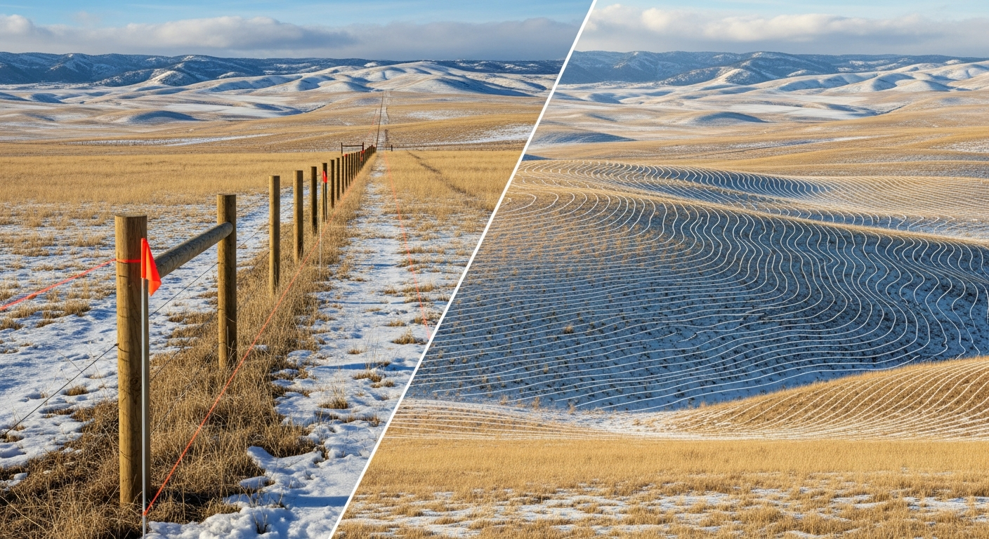Fence running through a snow-covered field towards rolling hills under a blue sky.