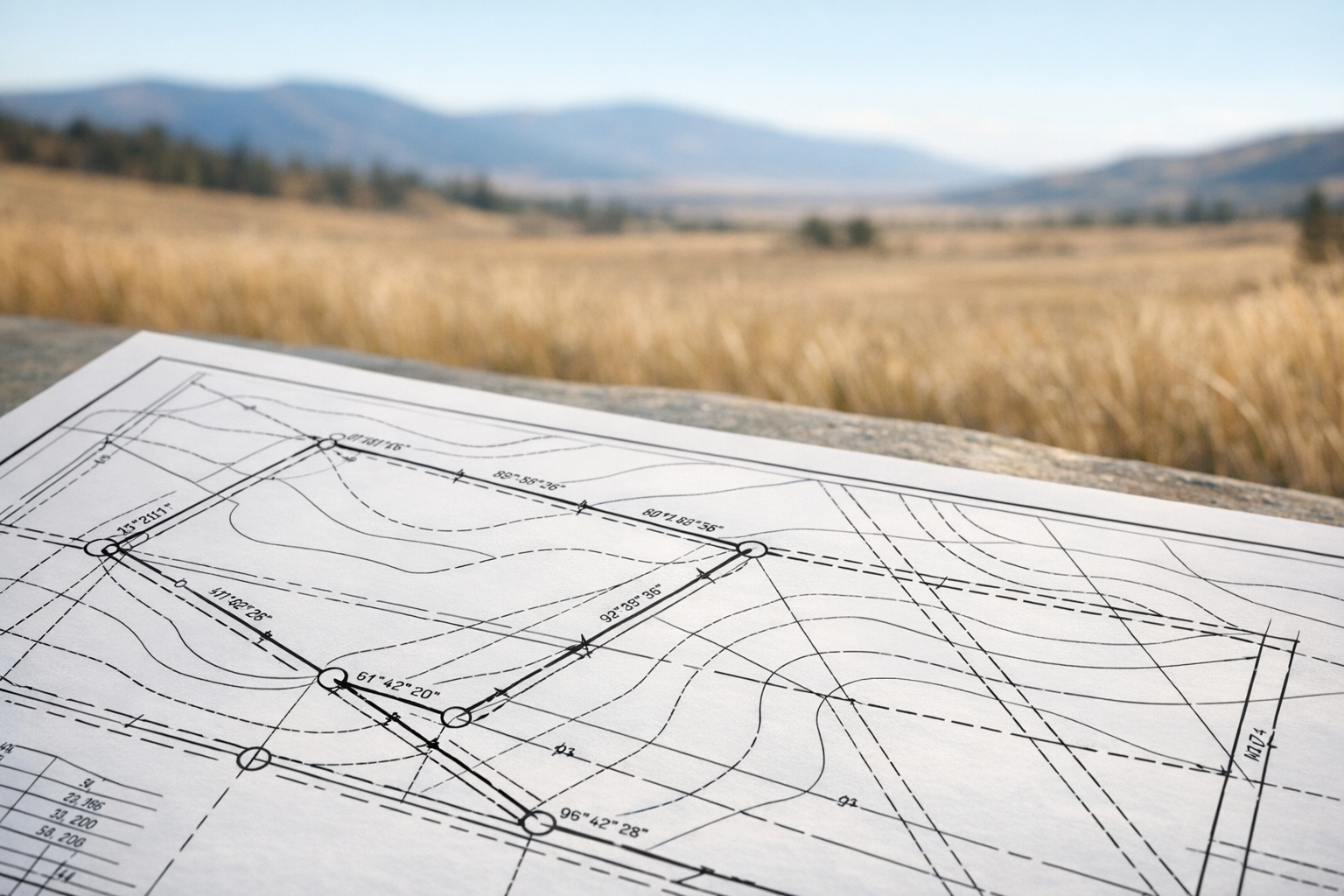 Blueprint of a plot of land with mountains and field in the background.