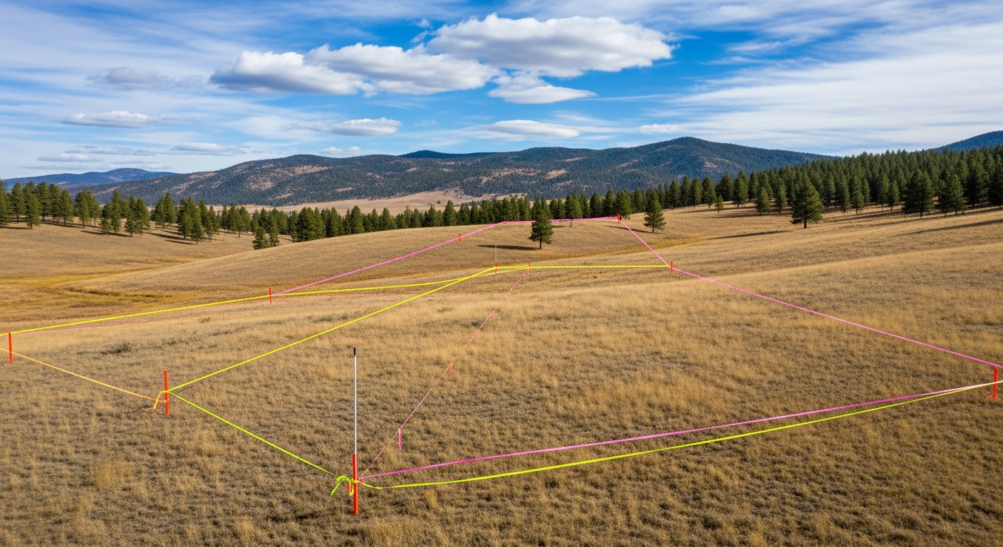 Surveyors' stakes and lines mark a grassy field, mountains in the distance, and blue sky.