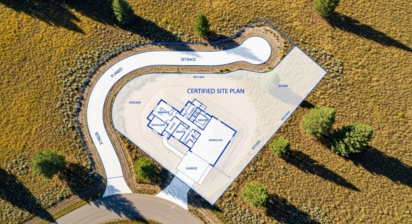 Aerial view of a house plan overlaid on a dirt lot, showing a curved driveway and surrounding trees.