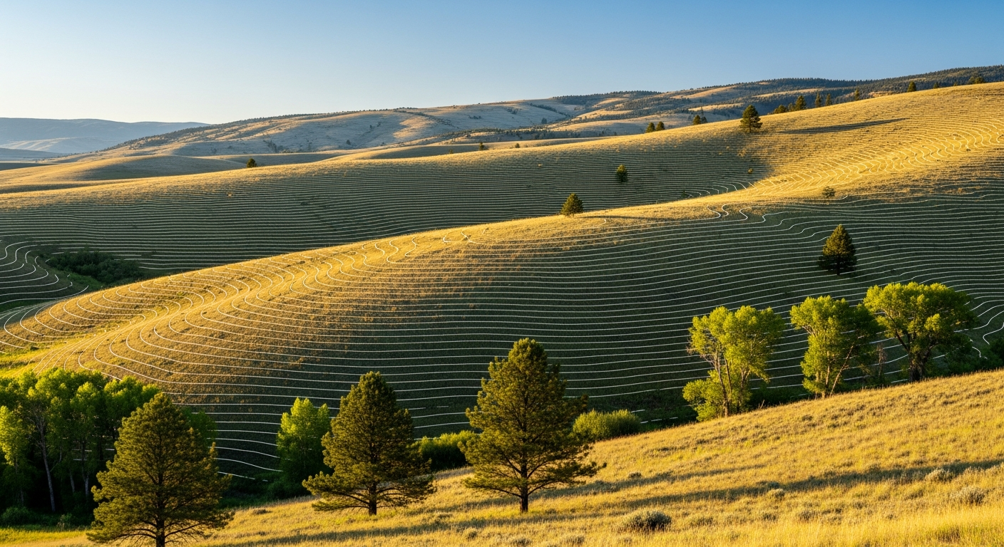 Rolling golden hills with rippled patterns, dotted with trees, under a clear blue sky.