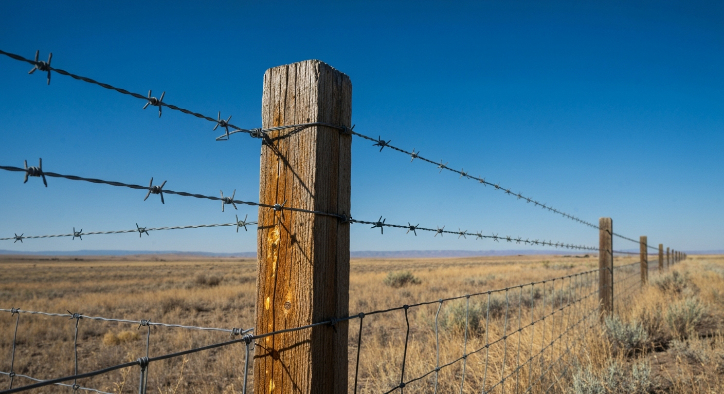 Barbed wire fence with weathered wooden posts, spanning across a dry, grassy plain under a bright blue sky.