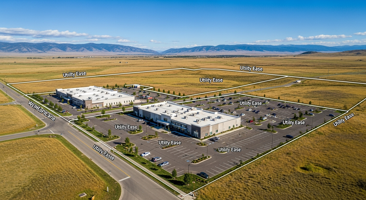 Aerial view of two commercial buildings with parking, set in a field near mountains.