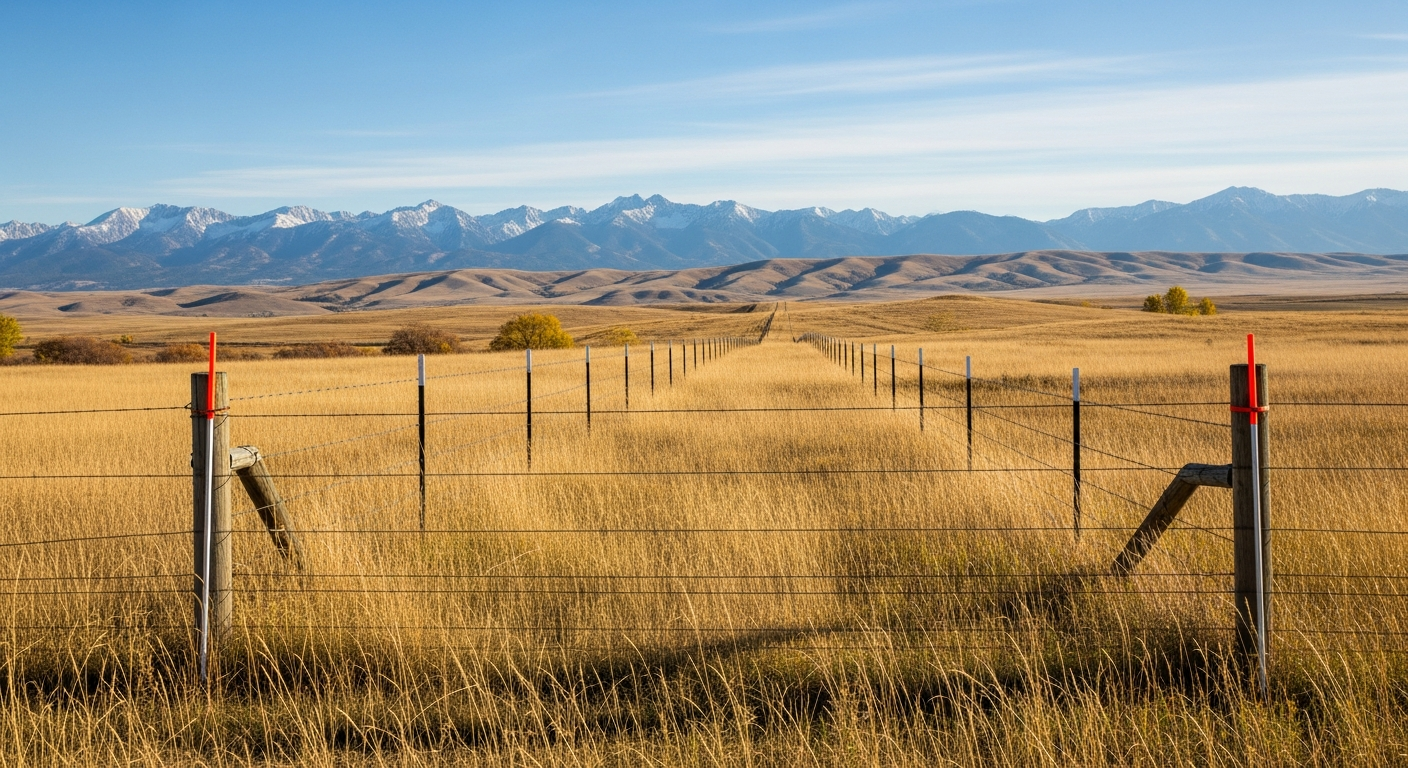 Fence lines across a dry field, mountains in the distance under a blue sky.