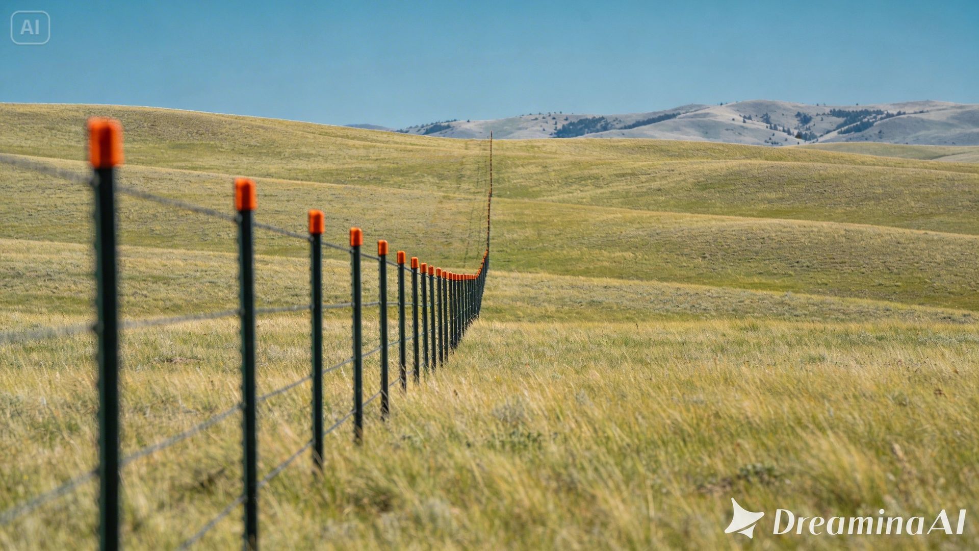 Fence line with orange caps stretches across a grassy field, distant hills in the background.
