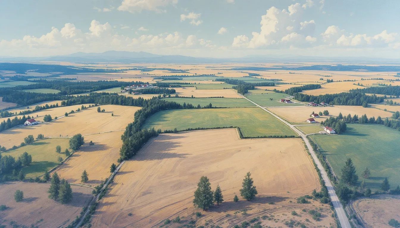 Aerial view of a rural landscape with fields of green and gold, trees, roads, and a distant mountain range under a blue sky.