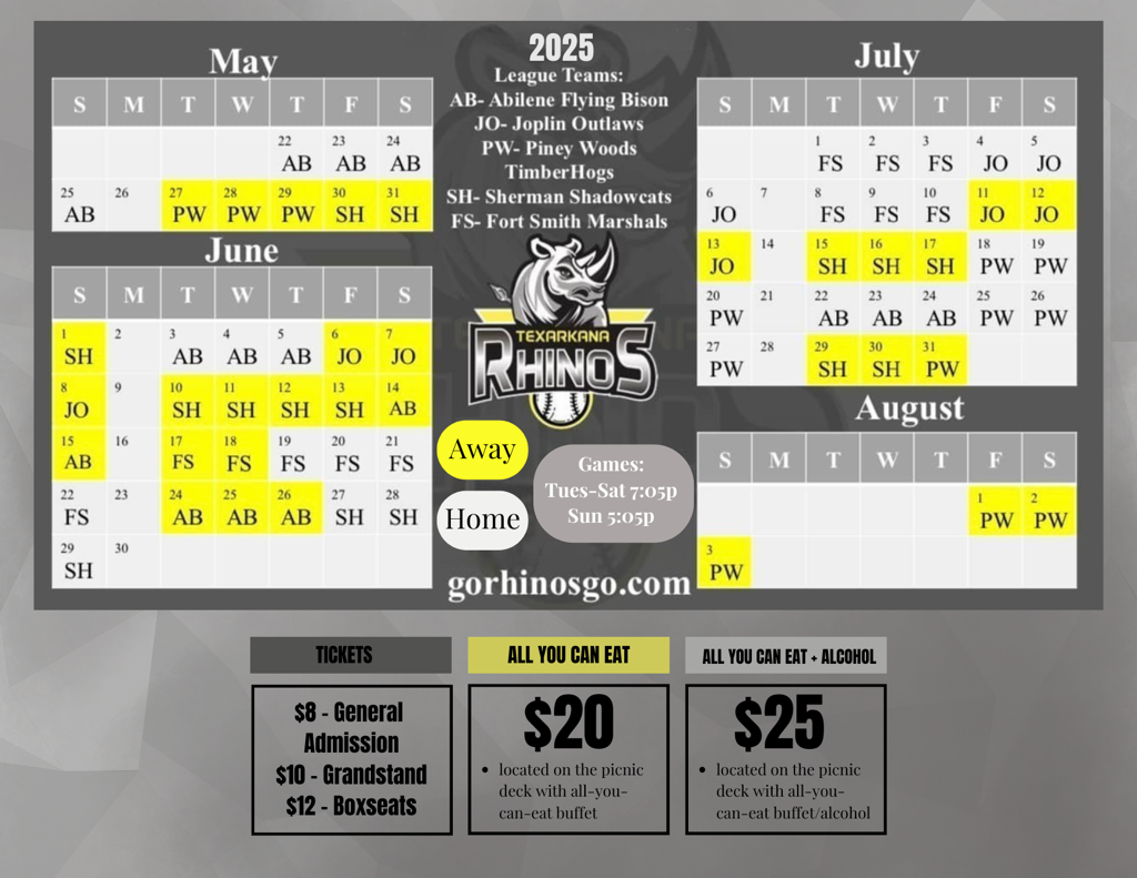 A calendar for the rhinos for the year 2025