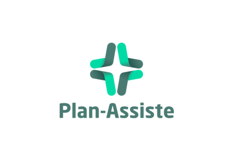 Logotipo da Plan-Assiste: um design em forma de cruz em tons de turquesa e azul-petróleo acima do texto 