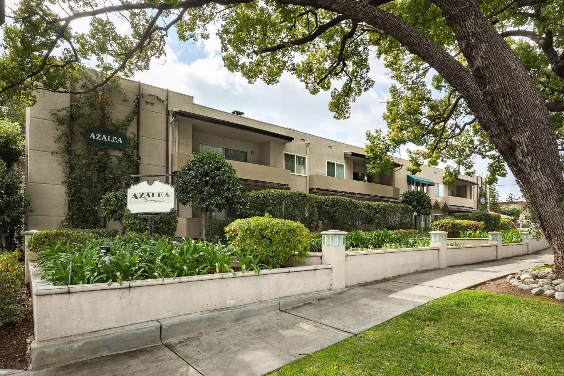 A large apartment building with a tree in front of it.