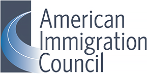 the logo for the american immigration council is blue and white .