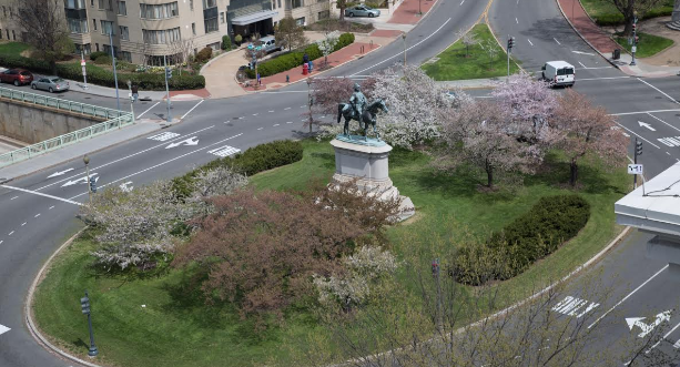 Image of Scott Circle roundabout located in Washington, DC with a statue of General Winfield Scott