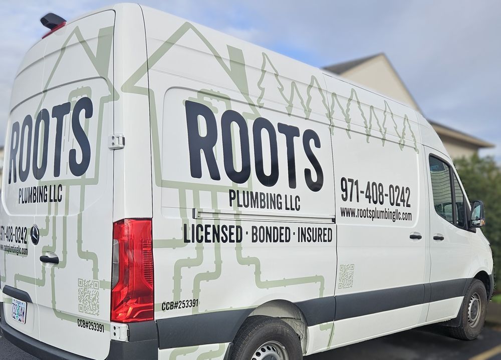 A white van for roots plumbing llc is parked in a parking lot