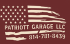 Logo for Patriot Garage LLC: American flag design, text, and phone number 814-781-8439 on a maroon background.