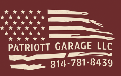 Logo for Patriot Garage LLC: American flag design, text, and phone number 814-781-8439 on a maroon background.