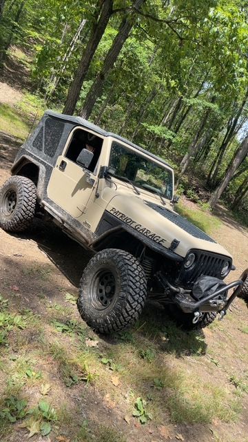 Tan Jeep Wrangler on a grassy hillside. Trees surround the vehicle.