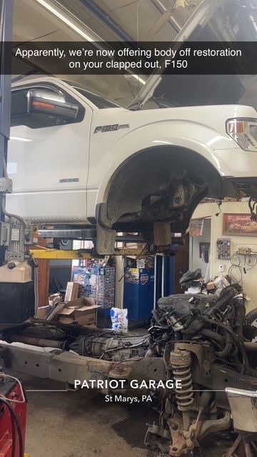 Ford F150 being restored at Patriot Garage in St. Marys, PA. The truck's body is separated from its frame.