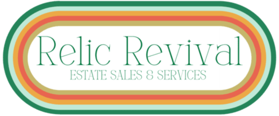 Logo for Relic Revival Estate Sales & Services featuring teal text inside a rounded frame with orange and green stripes.