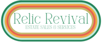 Logo for Relic Revival Estate Sales & Services featuring teal text inside a rounded frame with orange and green stripes.