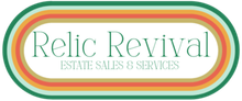 Logo for Relic Revival Estate Sales & Services featuring teal text inside a rounded frame with orange and green stripes.