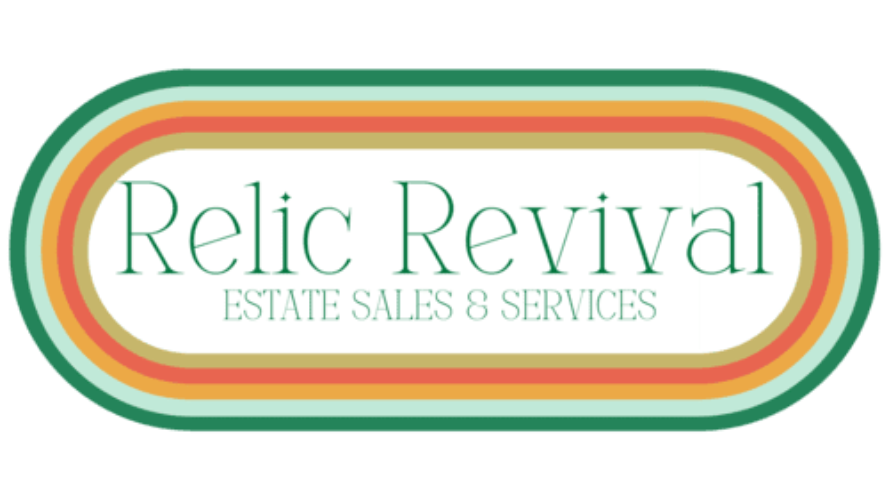 Logo for Relic Revival Estate Sales & Services featuring centered text inside a rounded frame with concentric retro bands.