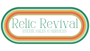 Logo for Relic Revival Estate Sales & Services featuring centered text inside a rounded frame with concentric retro bands.
