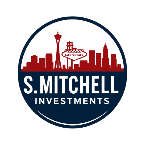 Logo: Las Vegas skyline in red, navy blue circle with "S. Mitchell Investments" text.