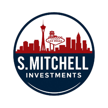 Logo: Las Vegas skyline in red, navy blue circle with "S. Mitchell Investments" text.