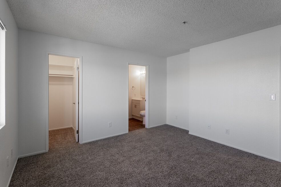 An empty bedroom with a carpeted floor and white walls.