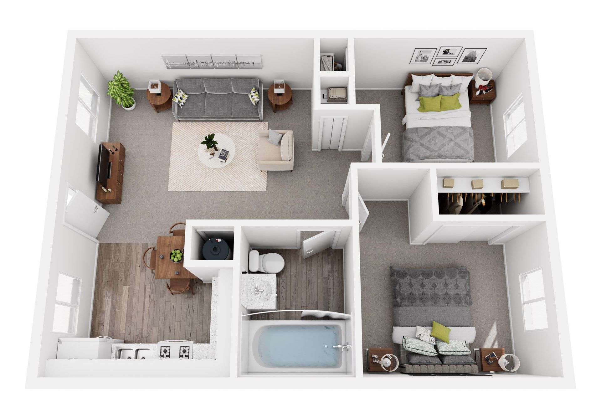 Floor plan of an apartment with two bedrooms, a living room, and a kitchen/dining area.