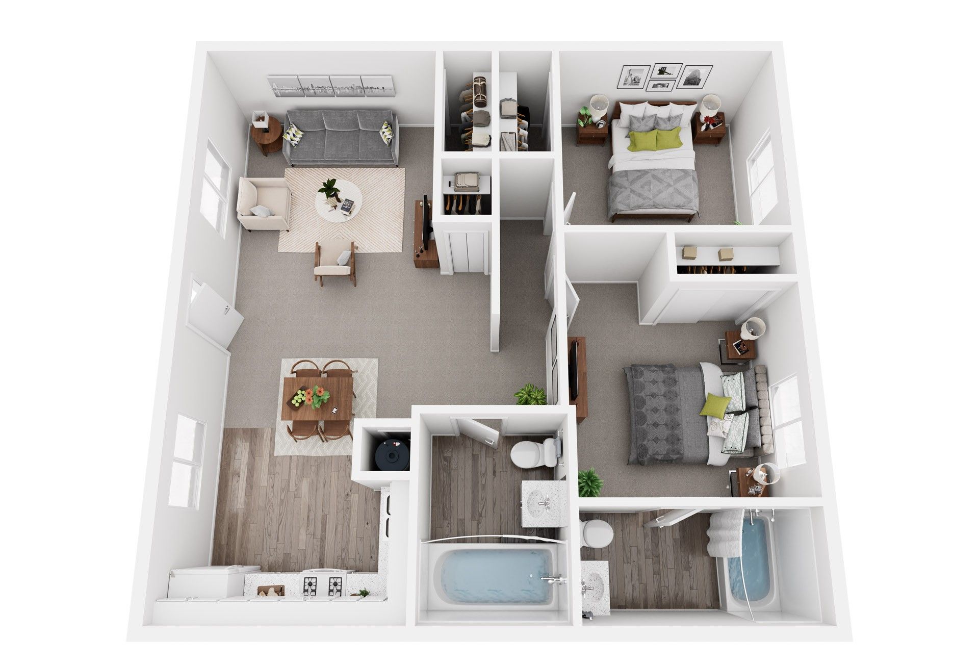 Floor plan of a two-bedroom apartment, depicting layout with furniture in place.