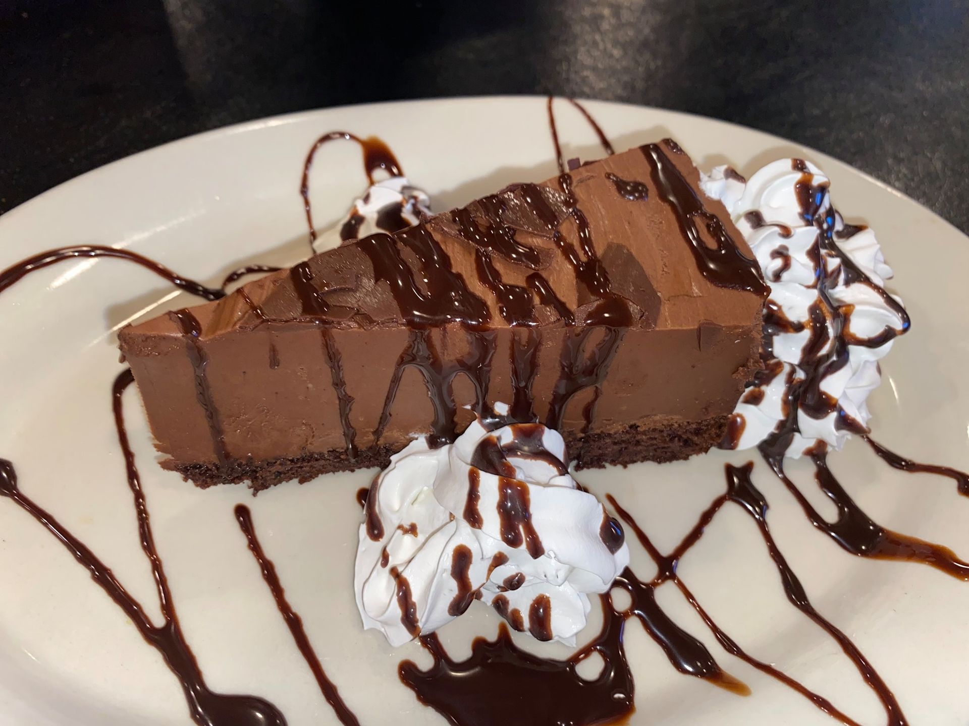 A slice of chocolate pie with whipped cream and chocolate sauce on a white plate