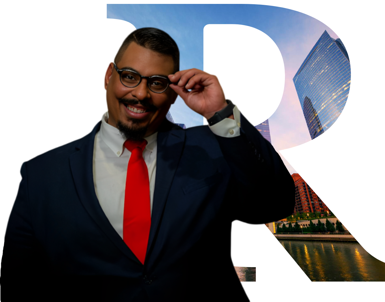 Man in suit adjusting glasses, smiling, superimposed on a skyscraper-filled letter