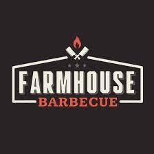 Farmhouse Barbecue logo: text in white/red on a dark background; features crossed meat cleavers, a flame, and a border.