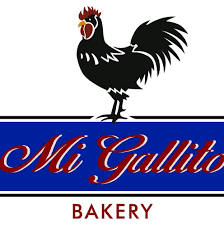 Logo for Mi Gallito Bakery: a black rooster on a blue and white background with red text.
