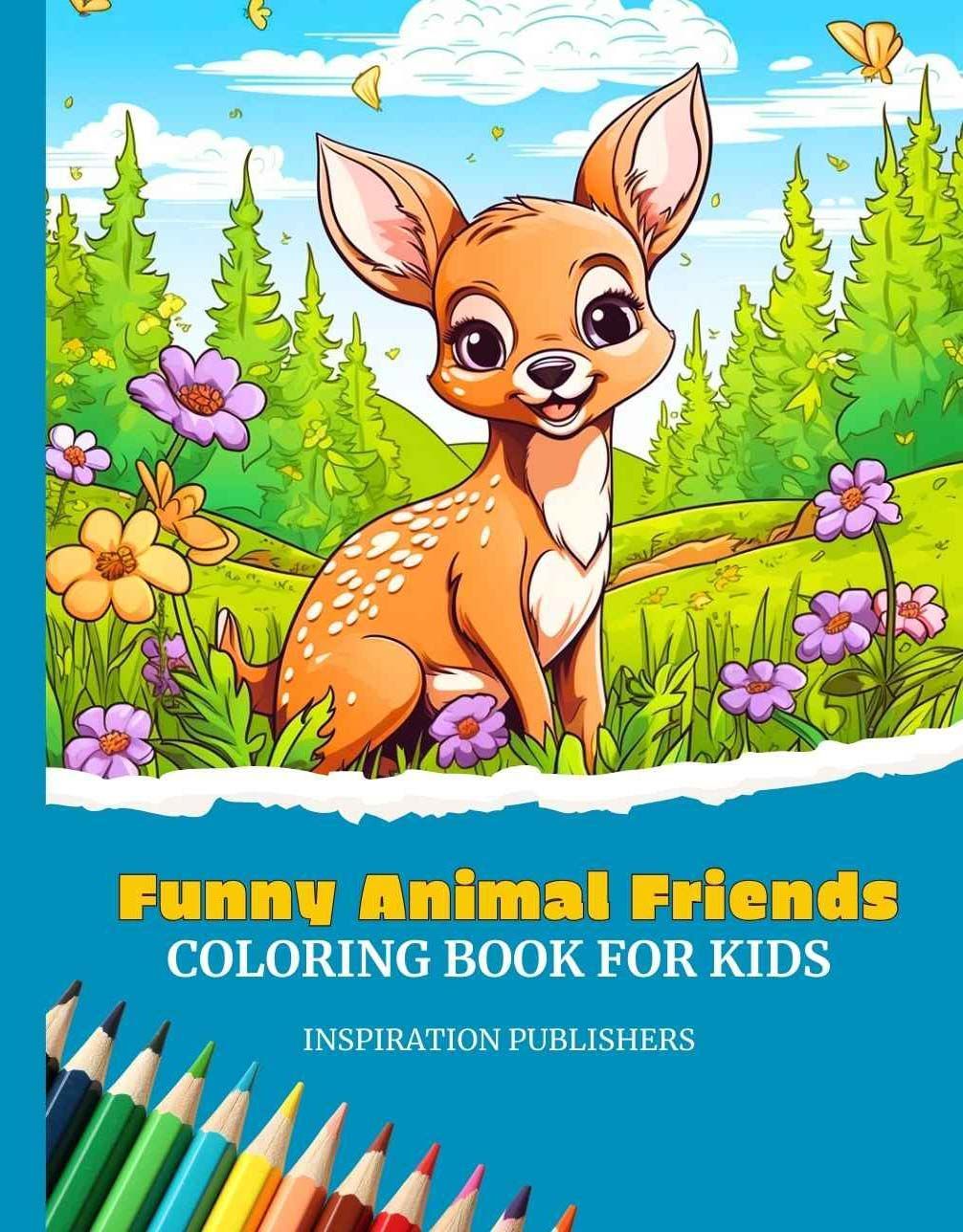 Funny animal friends coloring book for kids with a deer on the cover