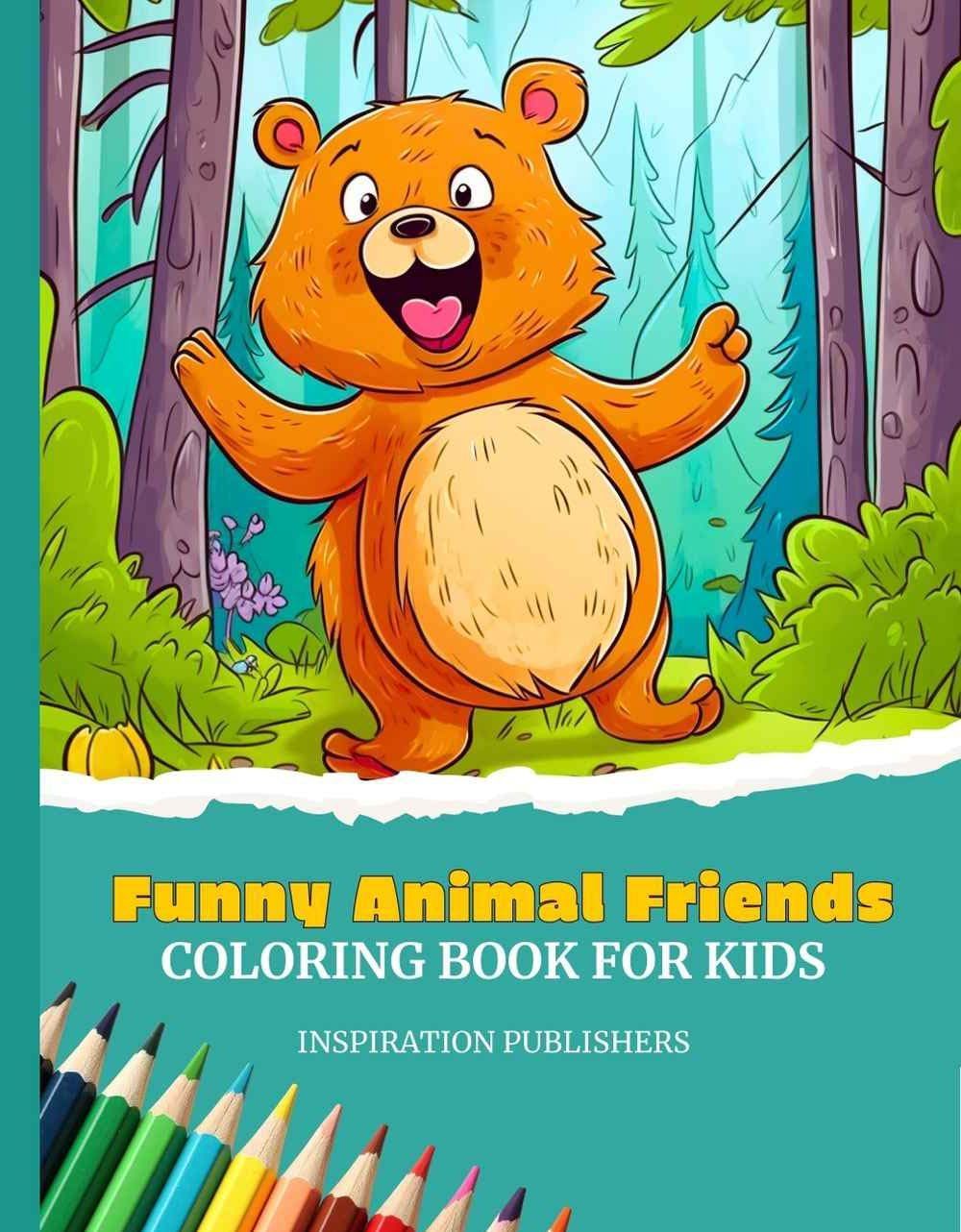 A funny animal friends coloring book for kids with a bear on the cover