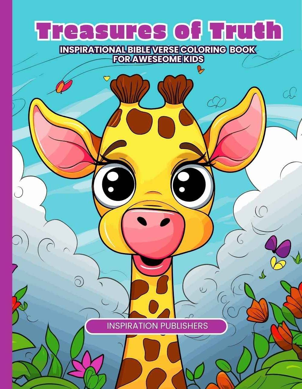 A giraffe is on the cover of a coloring book called treasures of truth.