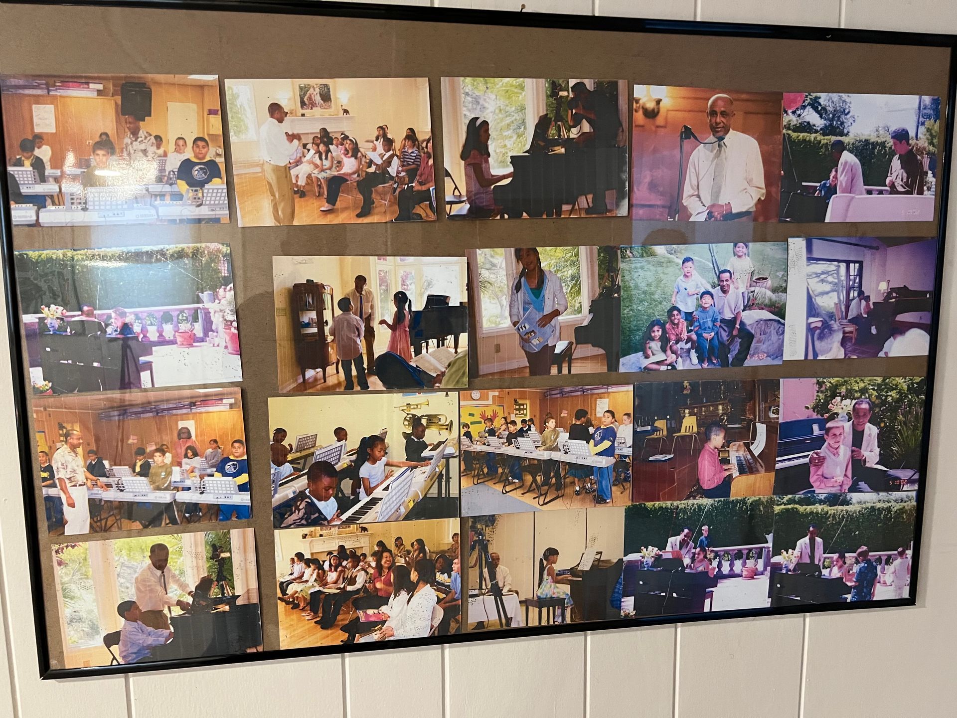 A collage of pictures of people sitting at tables.
