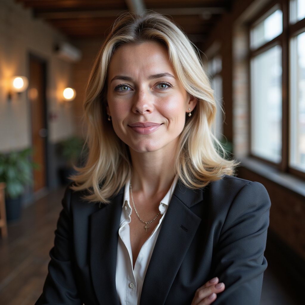 Woman in a black blazer and white shirt, smiling, arms crossed. Indoors, blurred background.