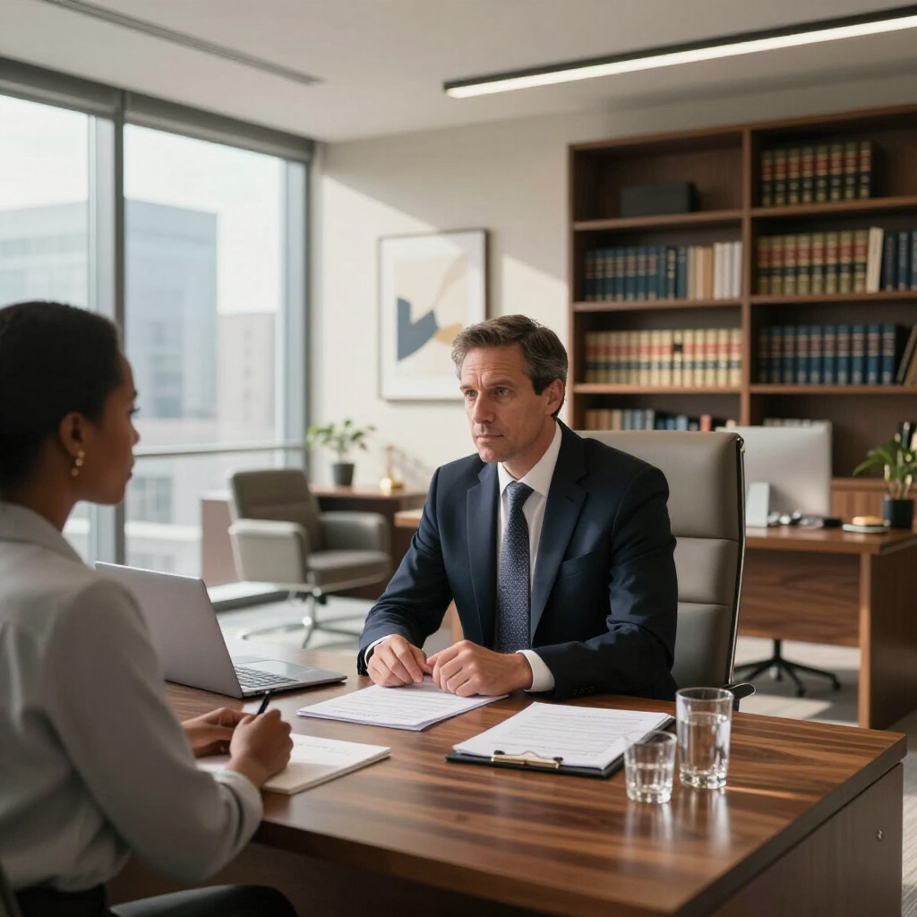 Two people in a modern office discussing paperwork across a wooden desk.