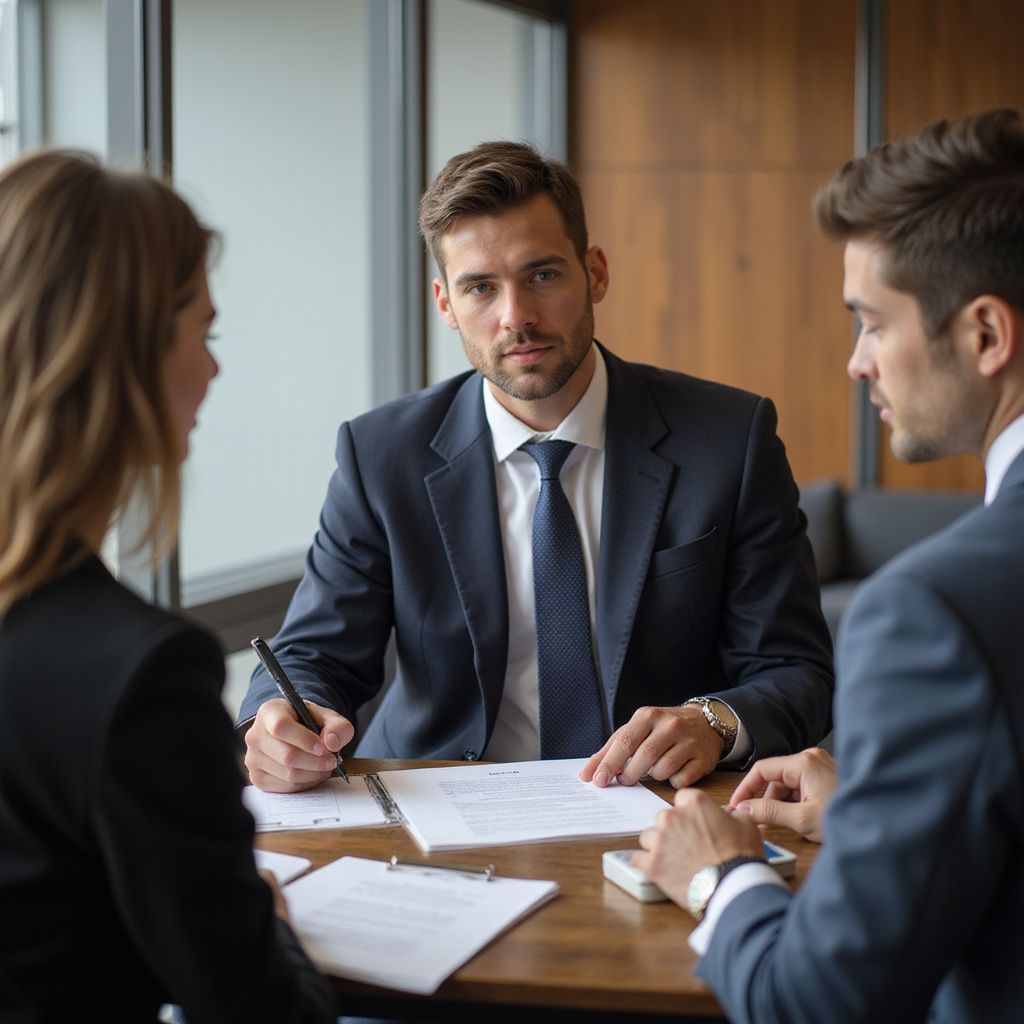 Three people in business attire at a table, reviewing documents; man in center writing, serious expression.