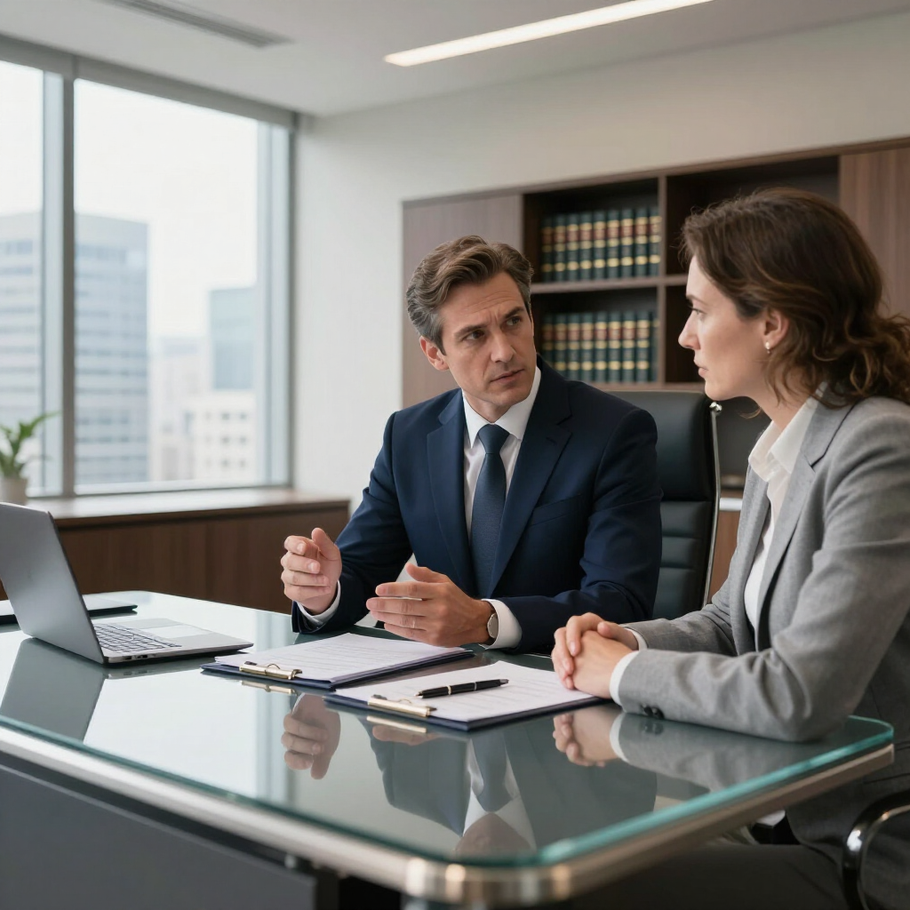 Two coworkers in business attire discussing paperwork at a glass conference table in a bright office