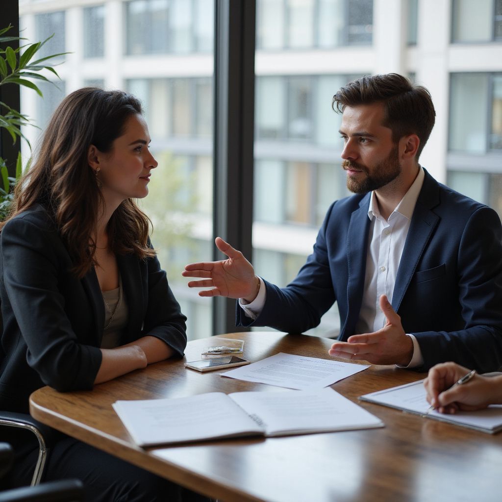 Woman and man in suits at a table; man gestures while talking, two open notebooks, window in background.