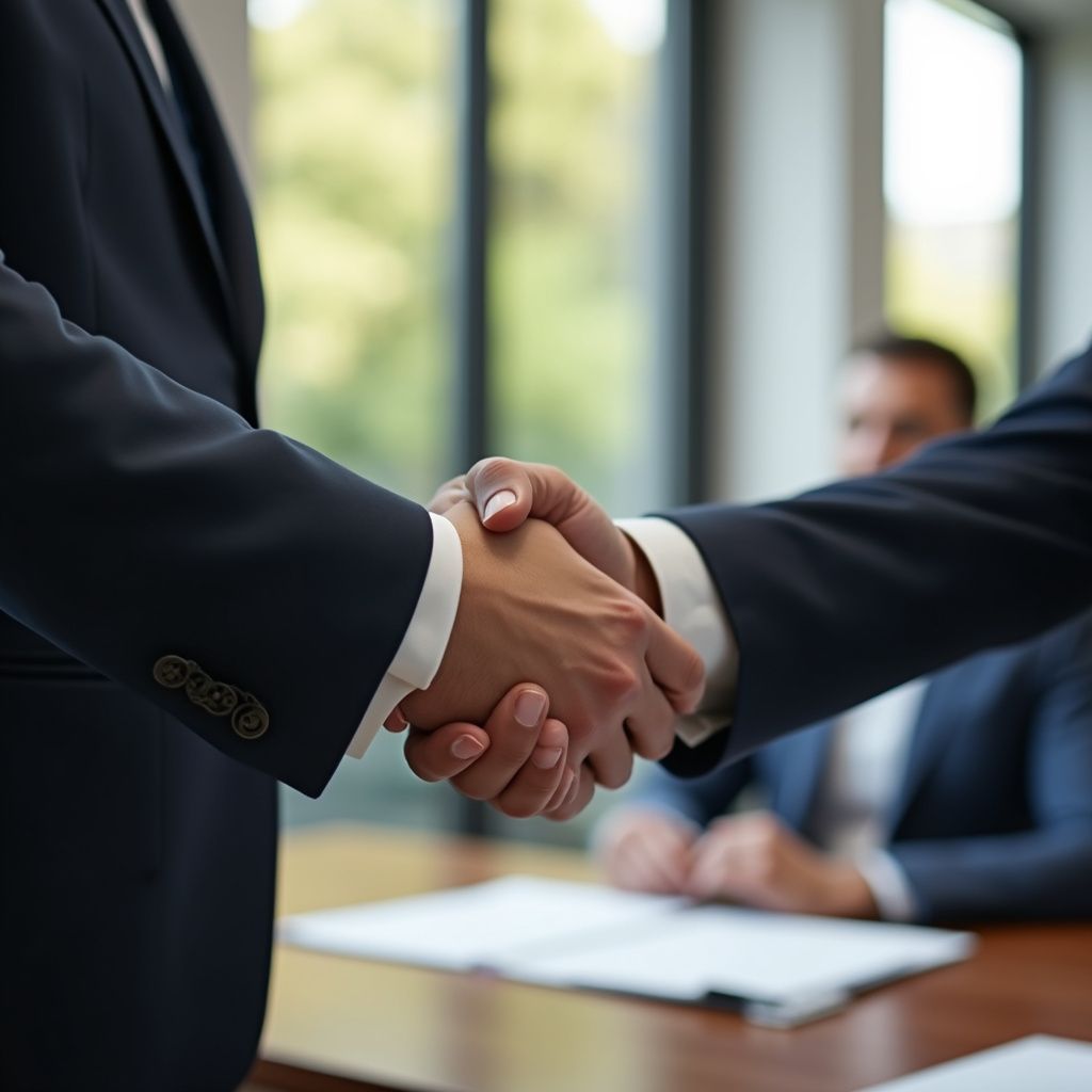 Two people in suits shaking hands in an office, symbolizing a deal or agreement.